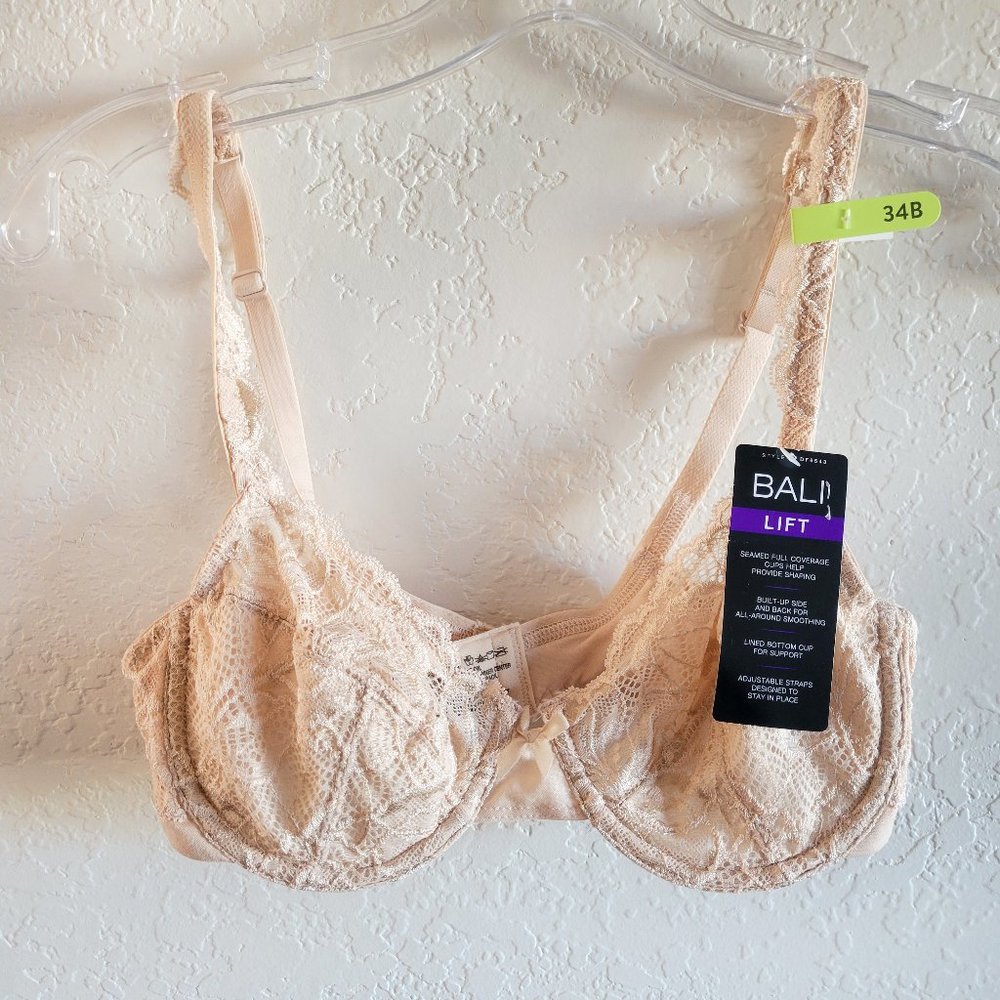 NWT New Bali Lift Bra 34B Lace Nude Style DF6543 Seamed Full Coverage Cups Beige